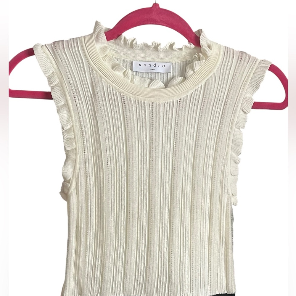 SANDRO PARIS Edda Black White Midi Sleeveless Ruffle Career Cocktail Dress S - Picture 5 of 8